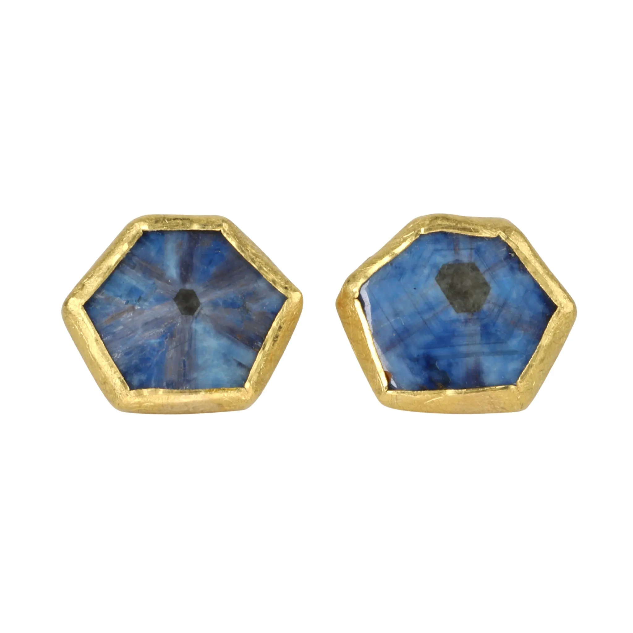 22K Gold Bezel-Set Blue Sapphire Slice Stud Earrings