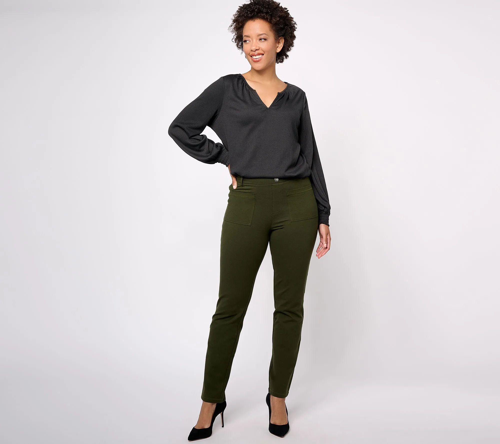 "As Is" Women with Control Petite Tummy Control Patch Pocket Pant