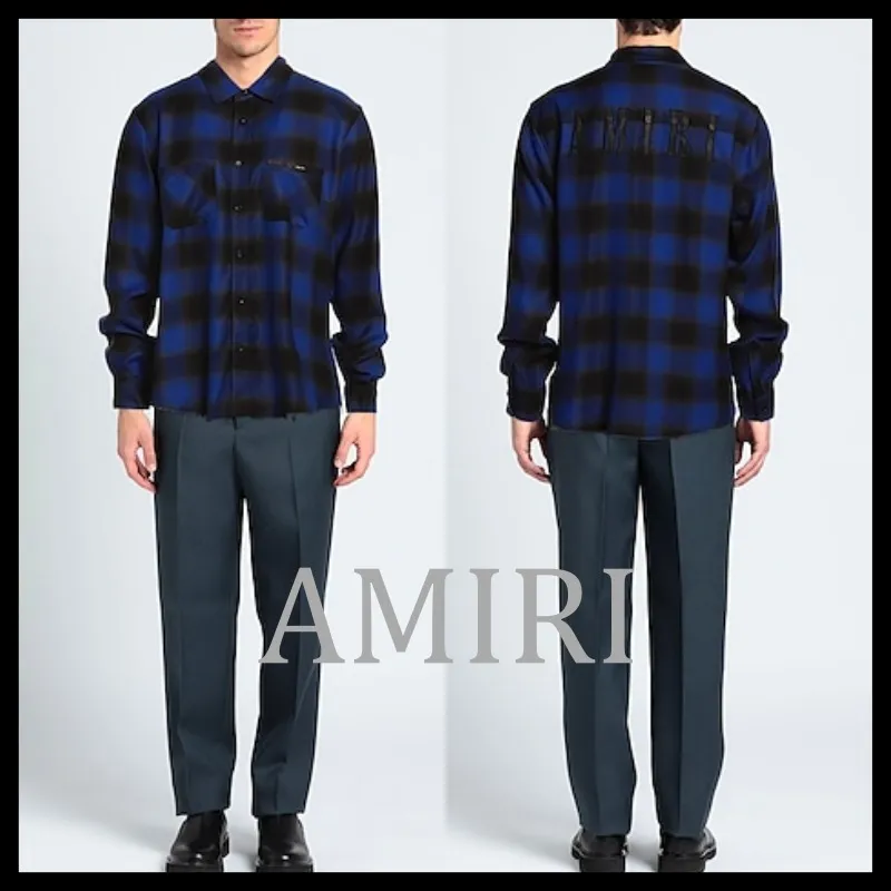 AMIRI  |Tartan Unisex Street Style Long Sleeves Leather Logo Shirts