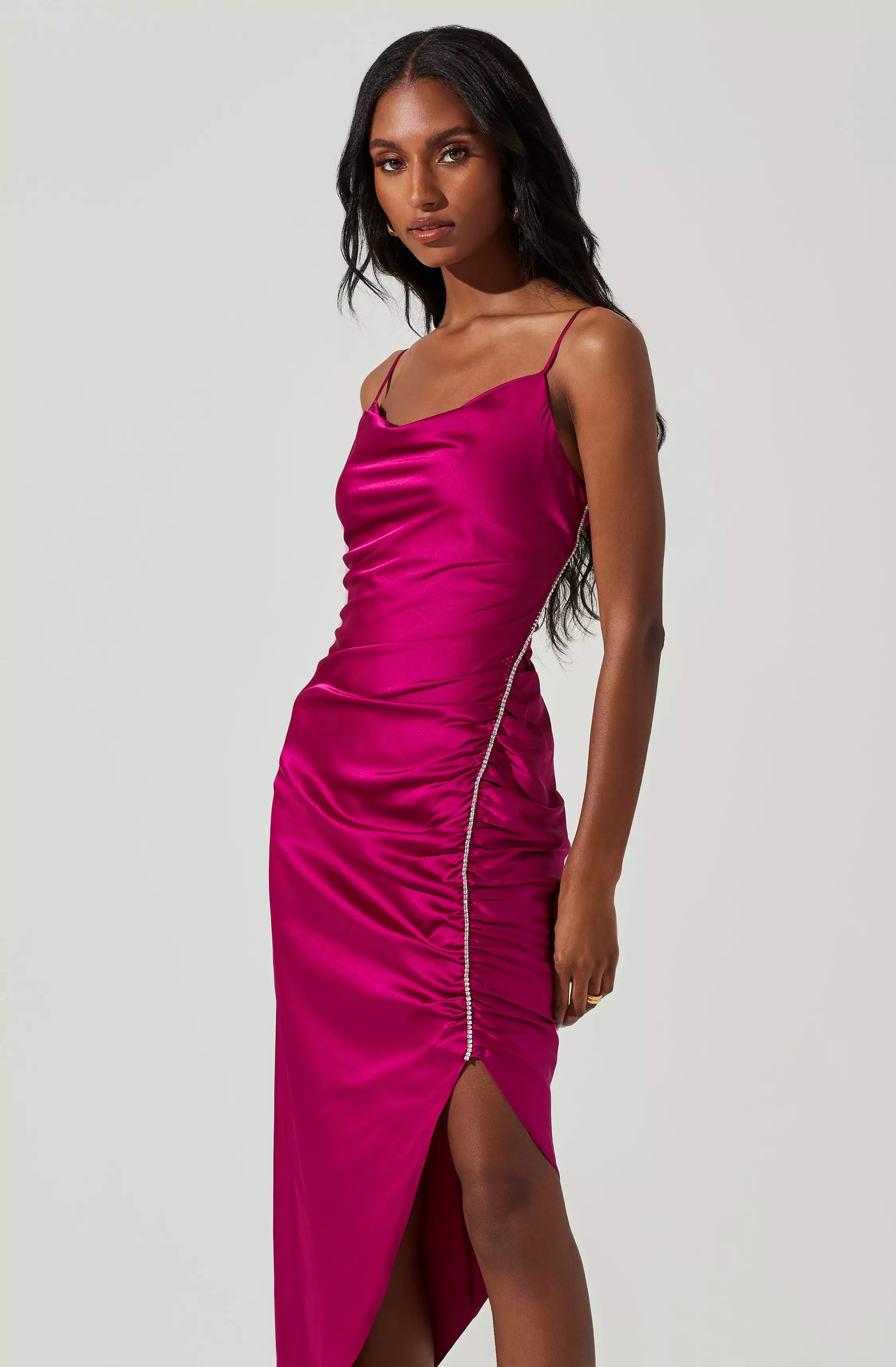 Anika Satin Rhinestone Embellished Midi Dress