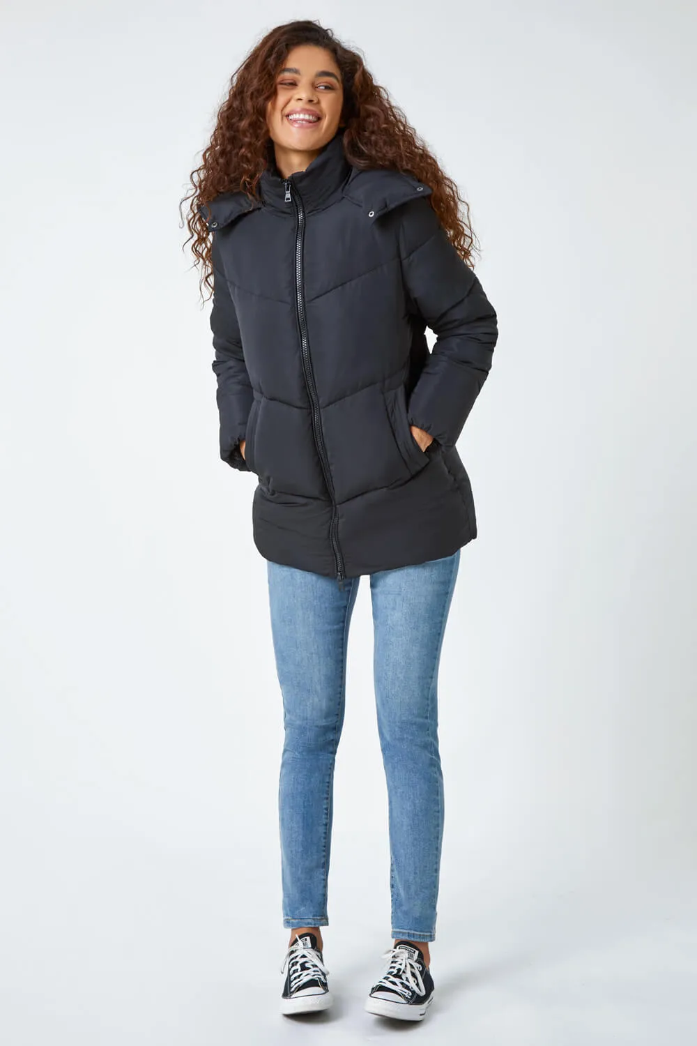 Black Hooded Padded Coat | Roman UK