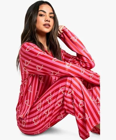 boohoo Womens Christmas Candy Cane Long Sleeve Trouser Set