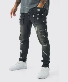 boohooMAN Mens Skinny Fit Ripped Cargo Jeans