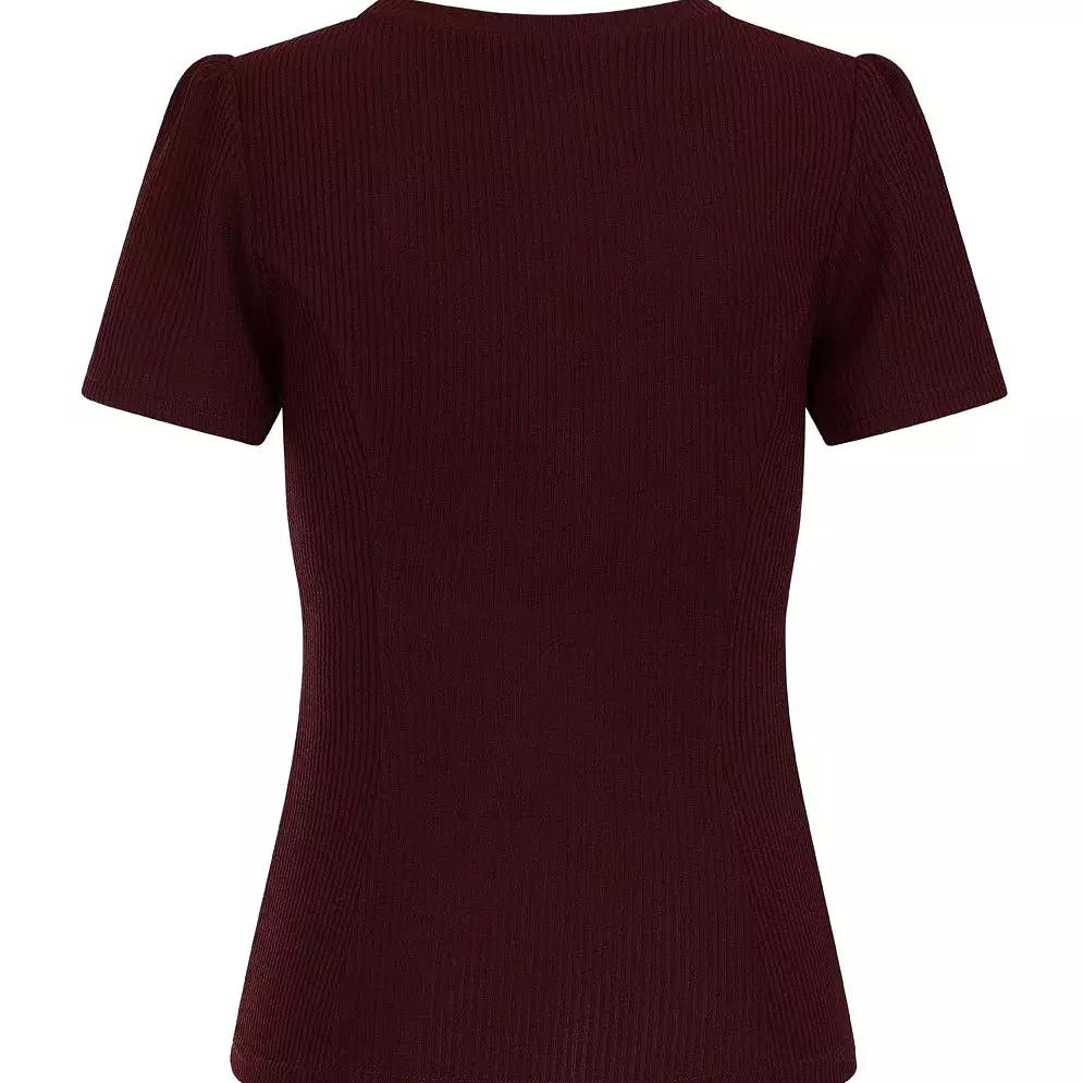 Burgundy Red Vintage Ribbed Knitted Short Sleeve Top