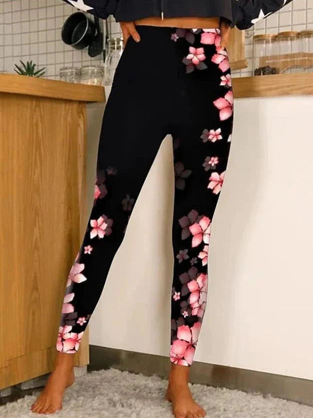 Butterfly Print Mid Waist Shiny Leggings with Tummy Control