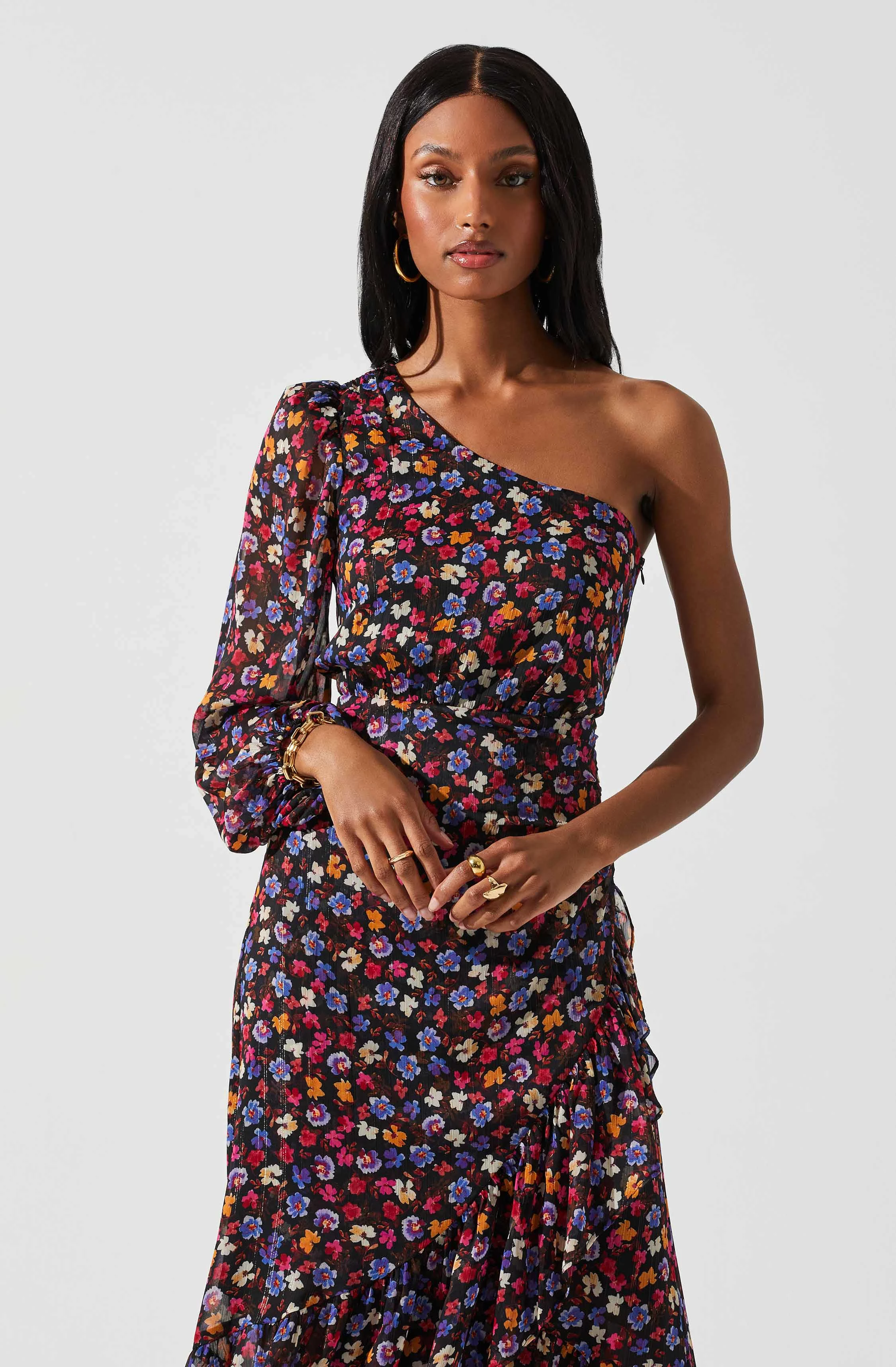 Calista Floral One Shoulder Midi Dress