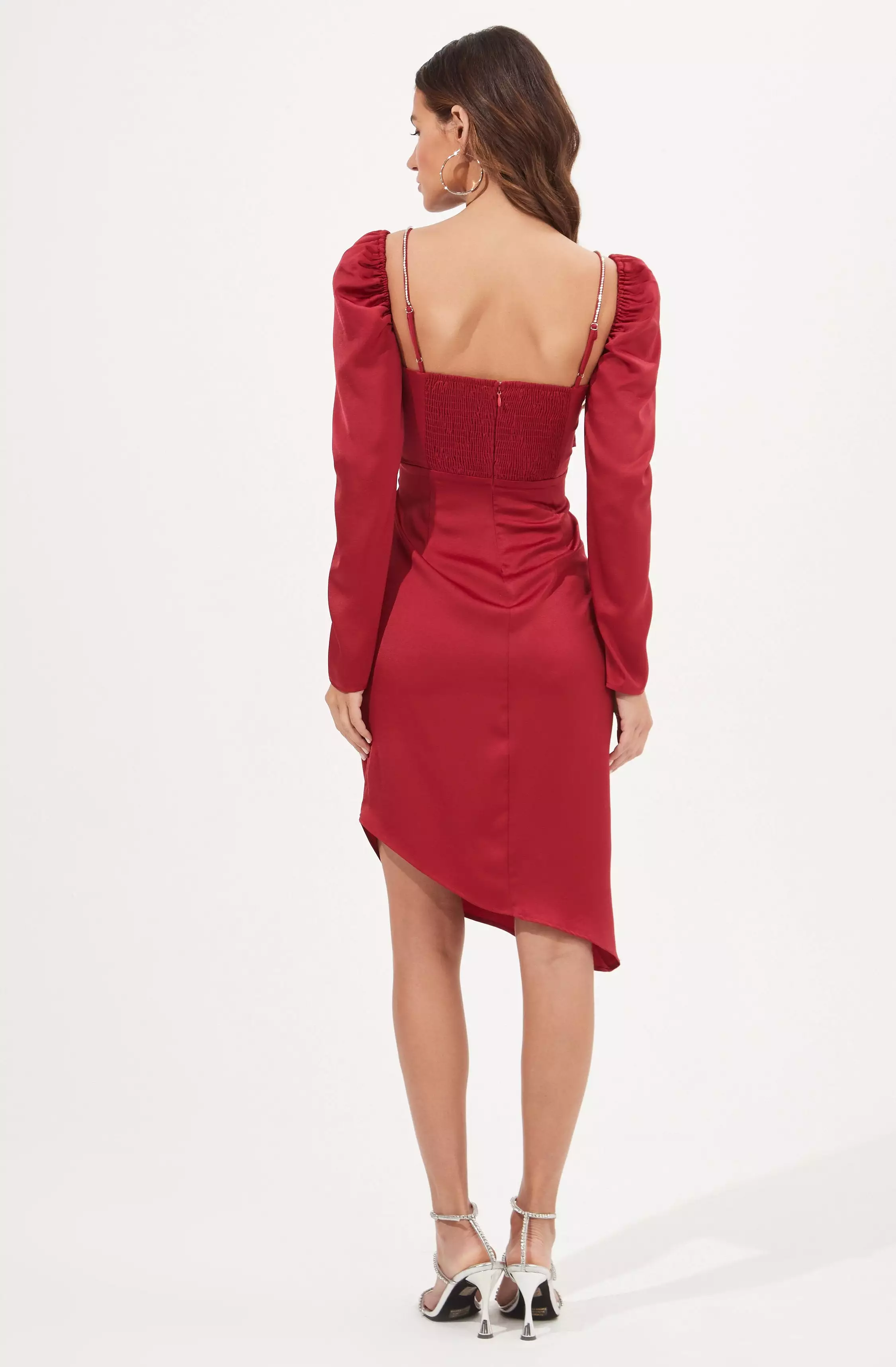 Claudina Rhinestone Embellished Satin Long Sleeve Midi Dress