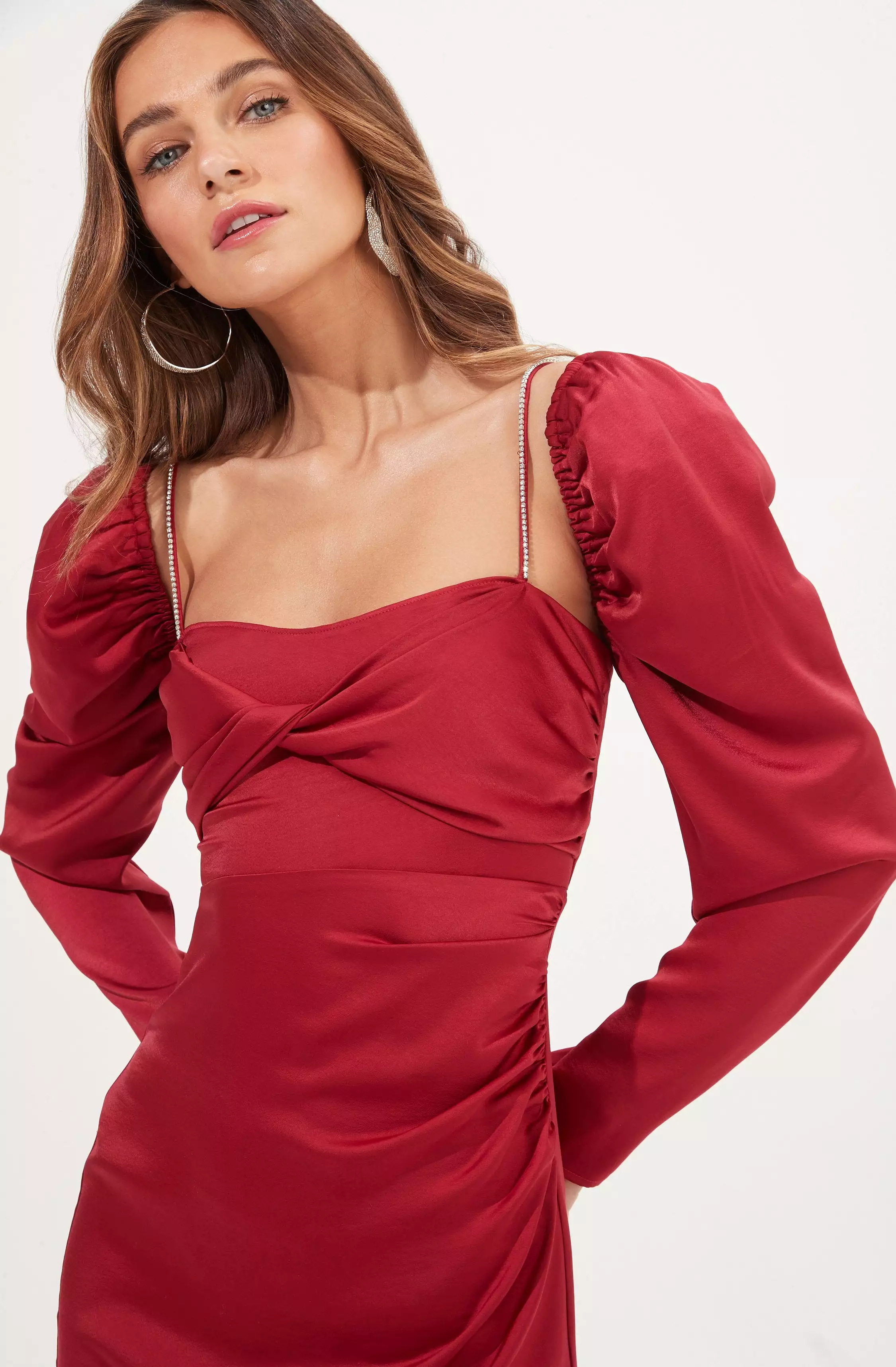 Claudina Rhinestone Embellished Satin Long Sleeve Midi Dress