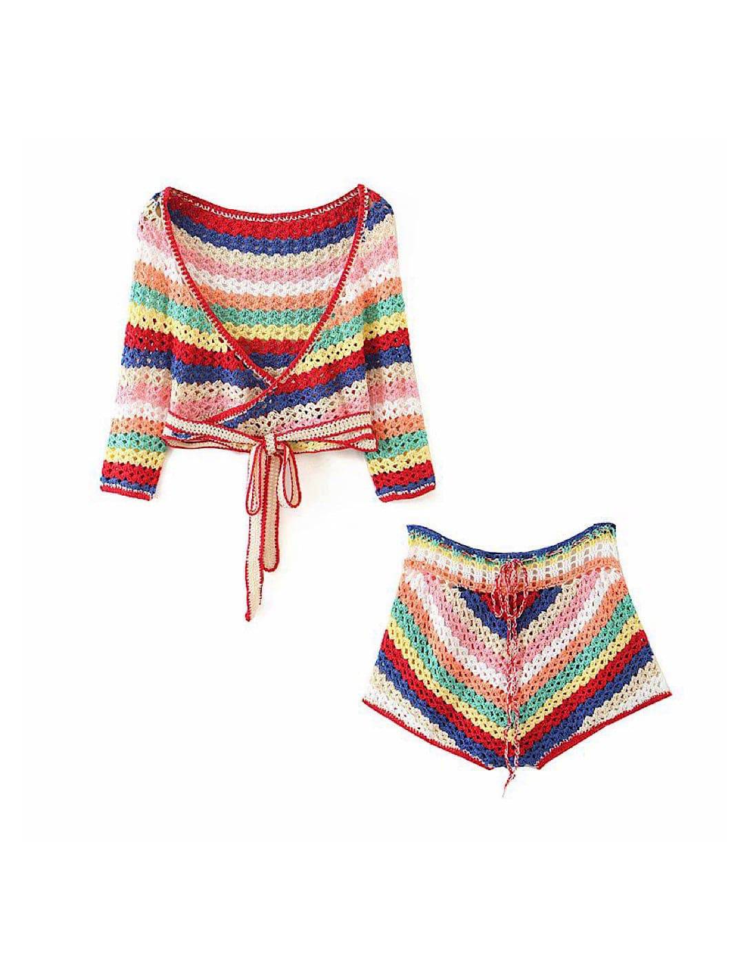 Colorful Stripe Pattern Knitted Short Co Ord Set