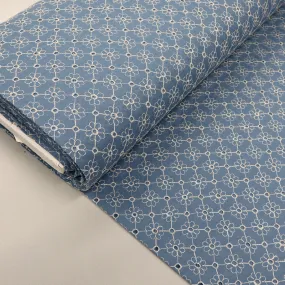 Cotton Broderie Anglaise - Denim Blue - White Flower Lines