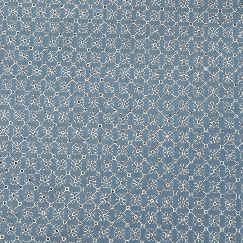 Cotton Broderie Anglaise - Denim Blue - White Flower Lines