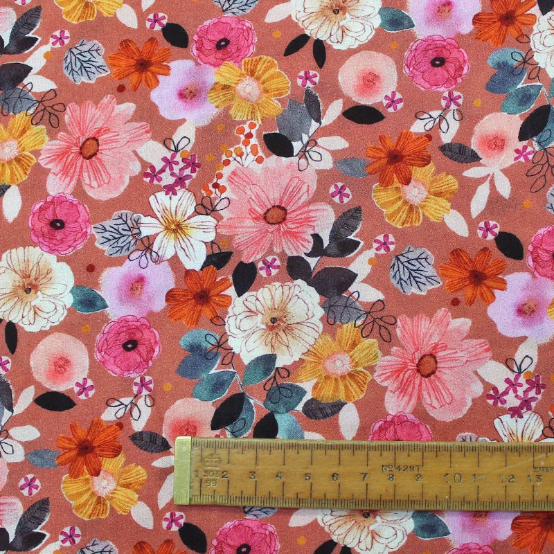 Dressmaking Floral Viscose - Rose Coloured Lenses - Burnt Orange