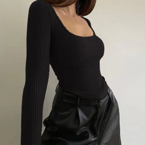 Fashion Solid Color Spandex Polyester U Neck Long Sleeve Regular Sleeve T-shirt