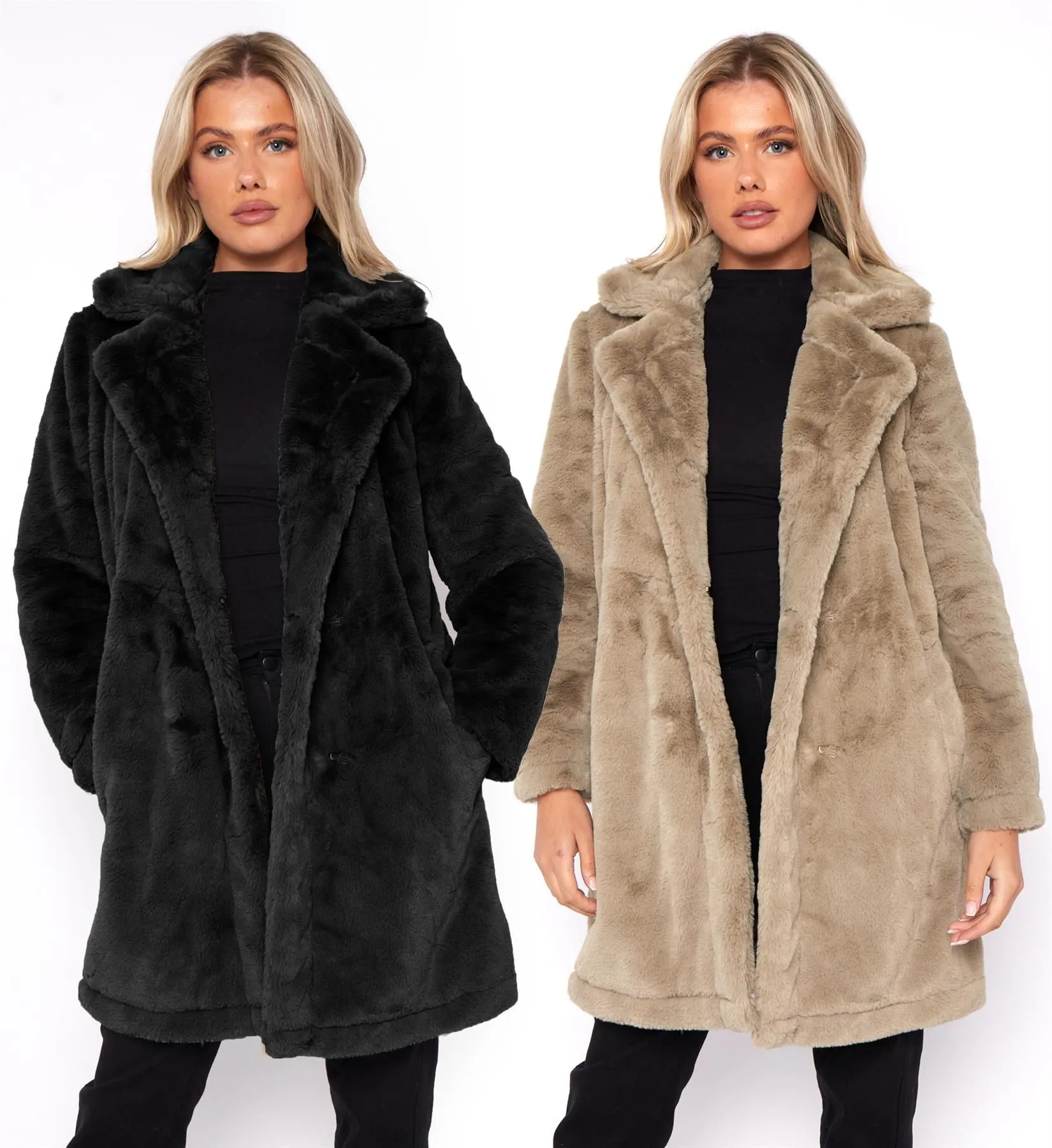 Faux Fur Coat, Mid Length, Black, Taupe, UK Sizes 8 to 16