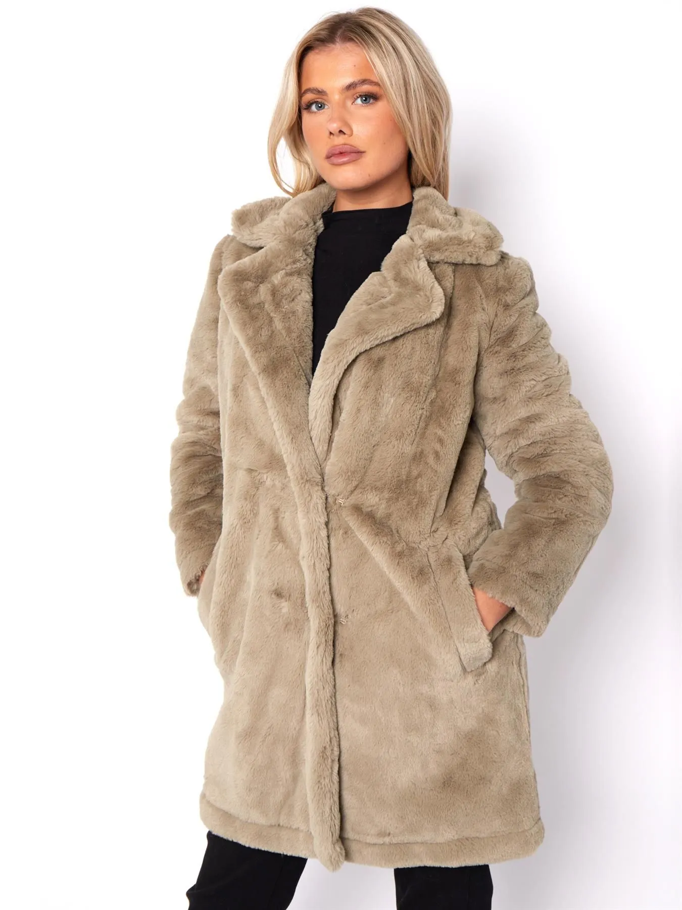 Faux Fur Coat, Mid Length, Black, Taupe, UK Sizes 8 to 16