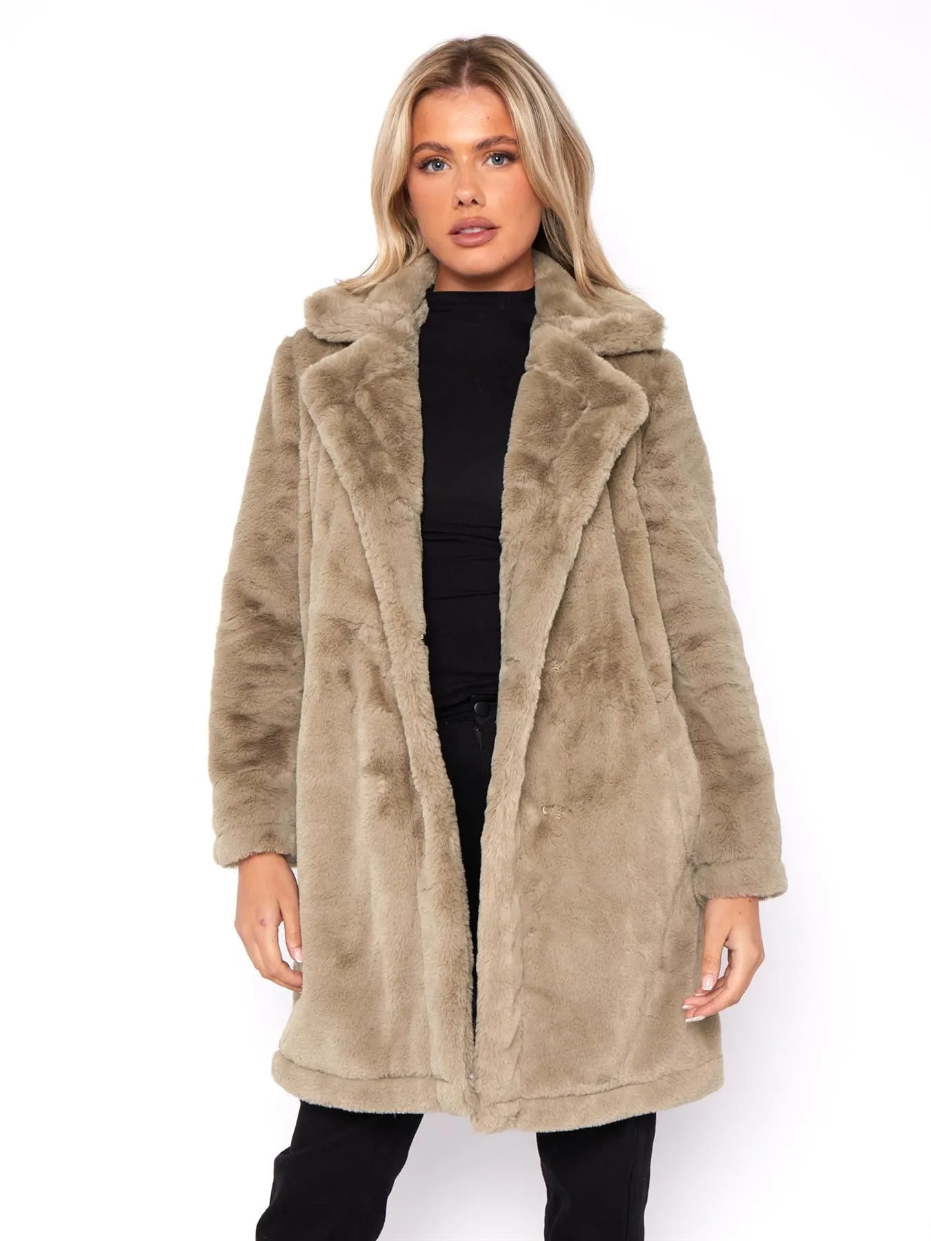 Faux Fur Coat, Mid Length, Black, Taupe, UK Sizes 8 to 16