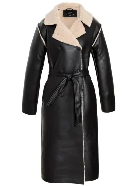 Faux Leather Shearling Lined Trench Coat, Black, UK Sizes 8 to 16