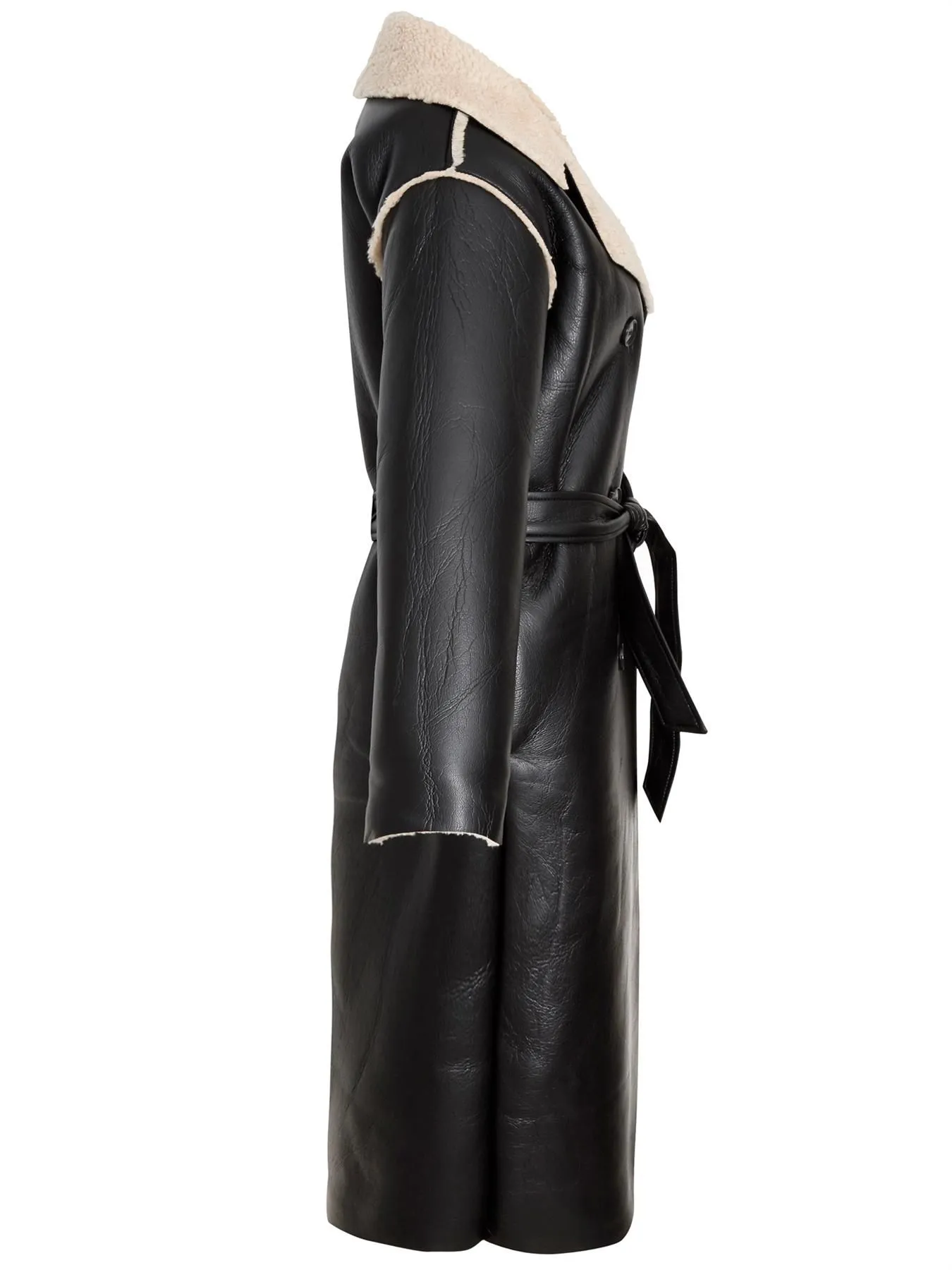 Faux Leather Shearling Lined Trench Coat, Black, UK Sizes 8 to 16