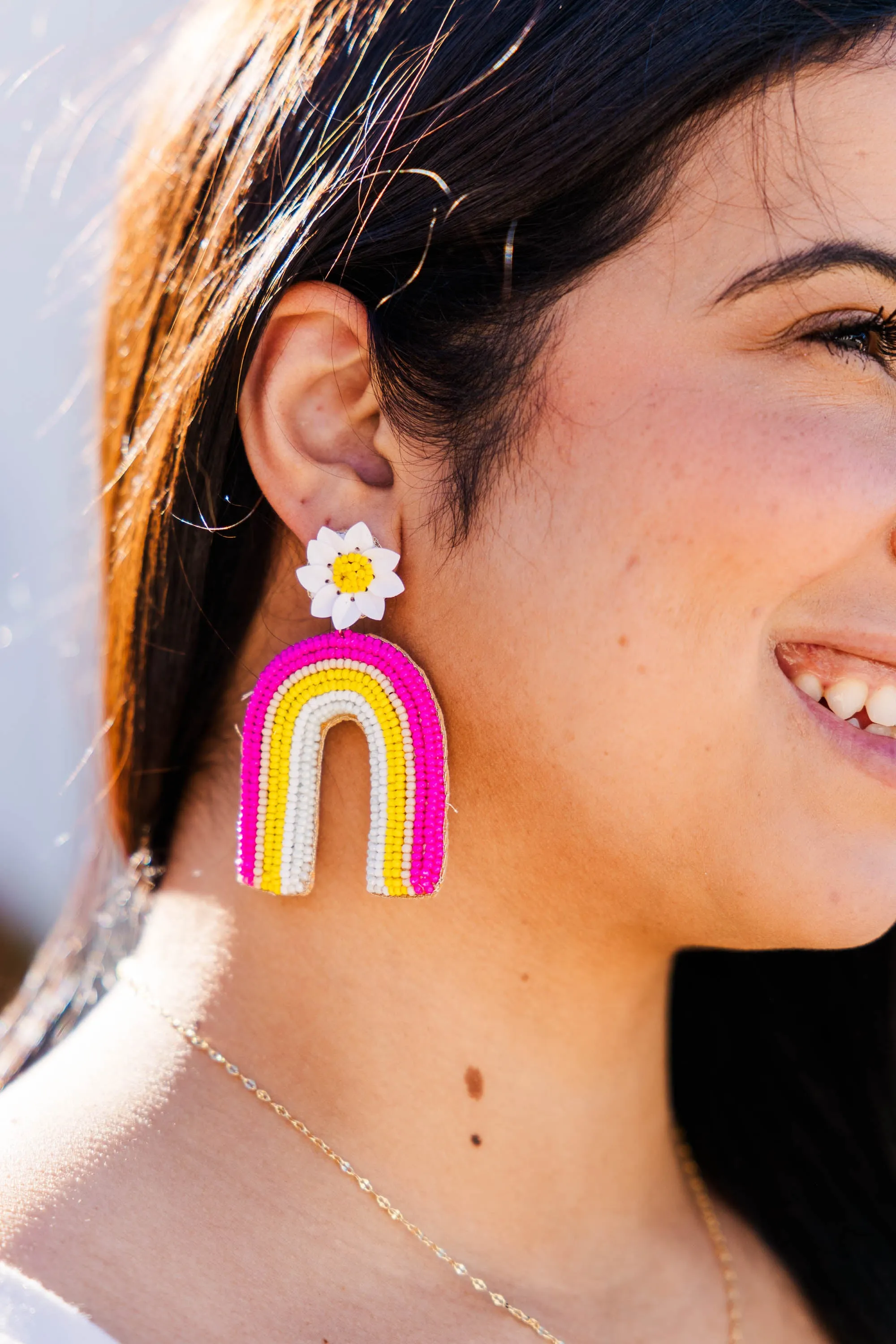 Flowers And Rainbows Earrings, Fuchsia