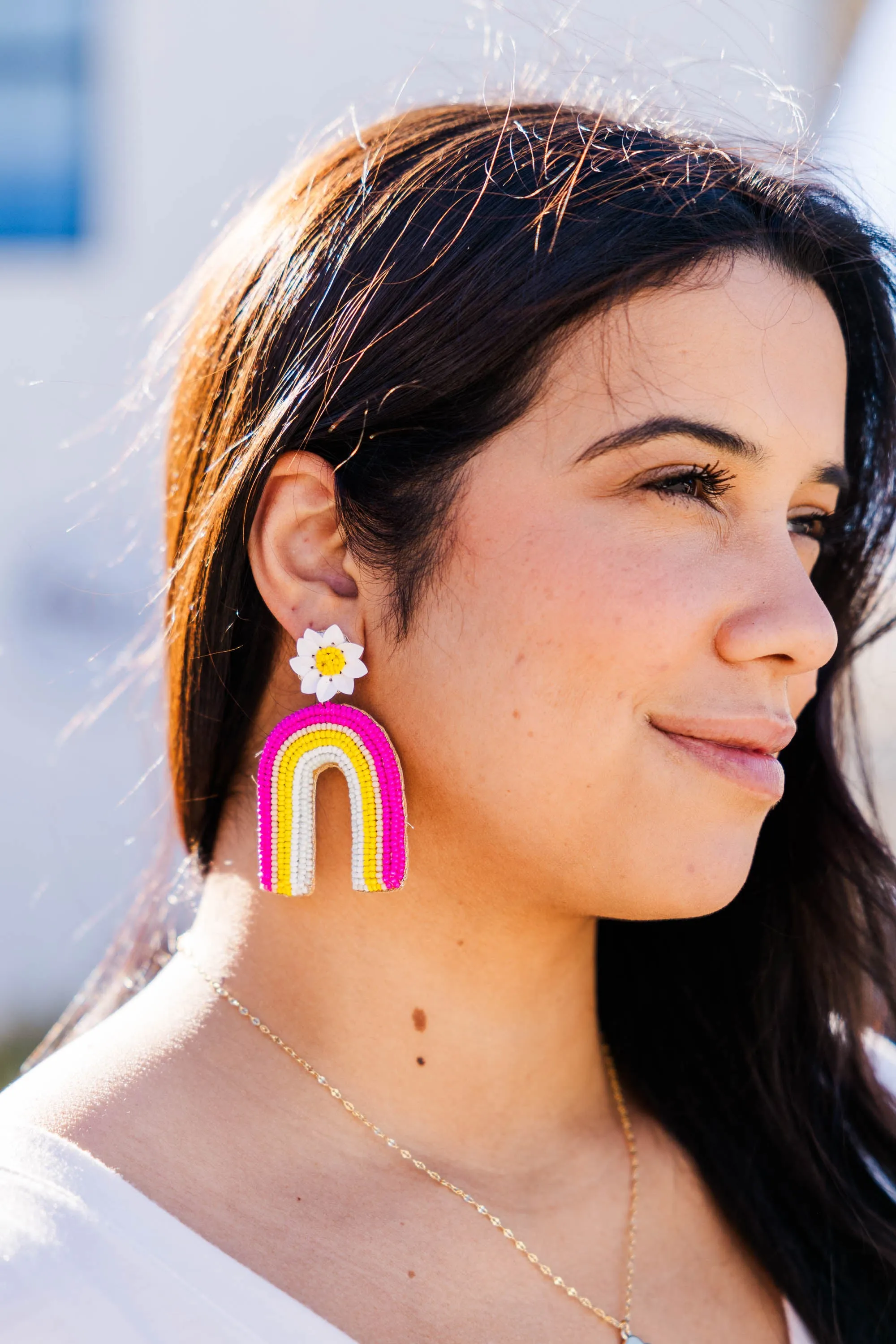 Flowers And Rainbows Earrings, Fuchsia