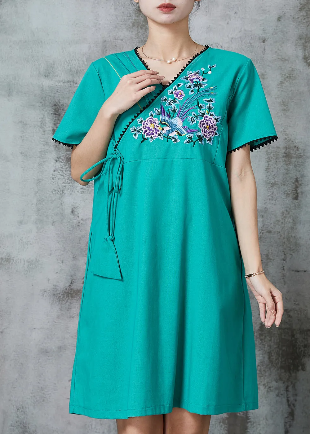 Green Retro Cotton Holiday Dress Embroidered Summer