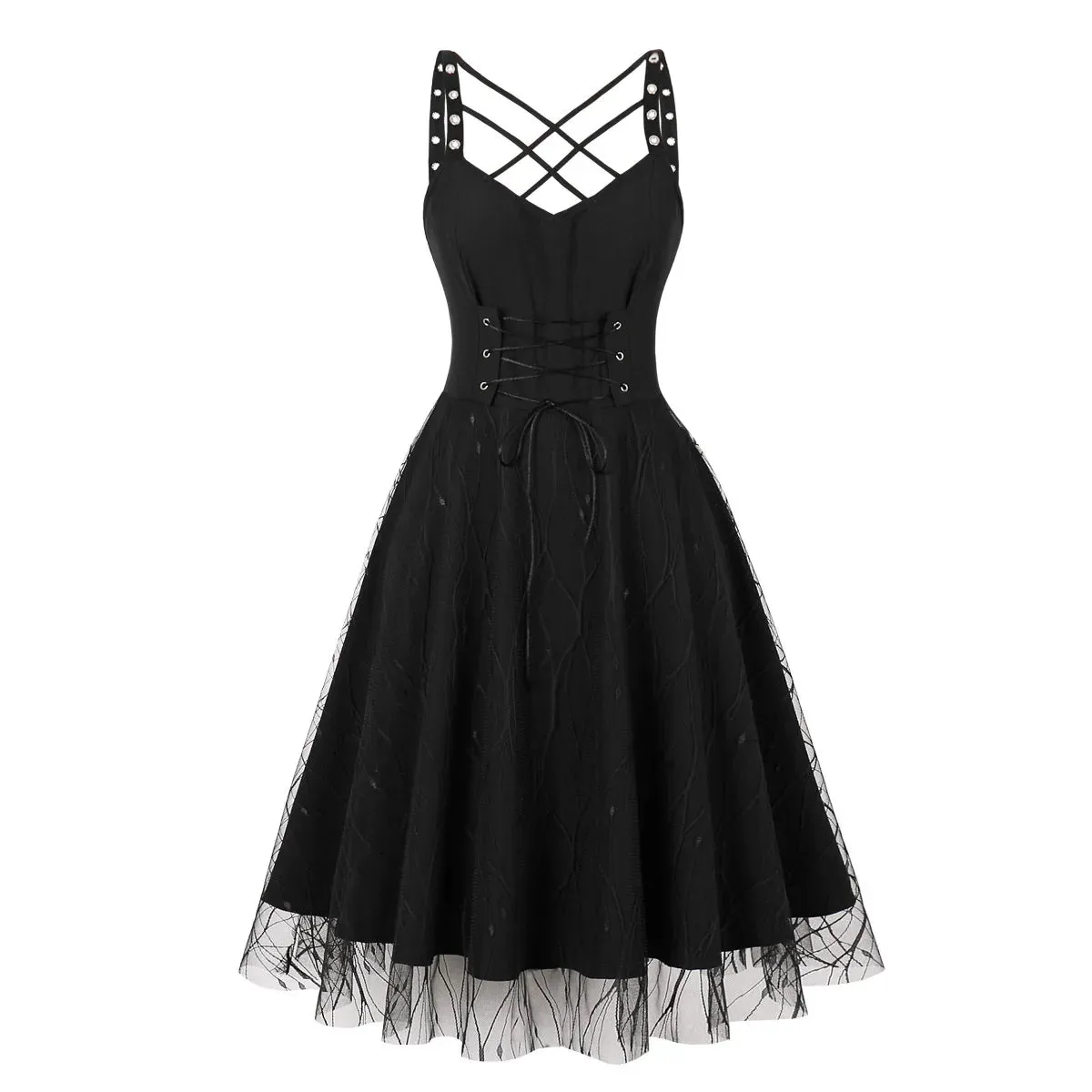 Halloween Cosplay Witch Aesthetic Vintage Gothic Backless Sling Sexy Black Sundress High Waist Harajuku Holiday Dress