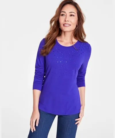 I.N.C. International Concepts Women's Raining Crystals Long-Sleeve Top