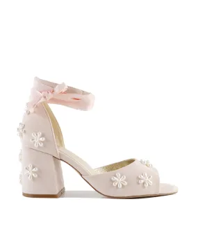 MELODY - PALE PINK FLOWER BRIDAL SHOES LOW BLOCK HEEL