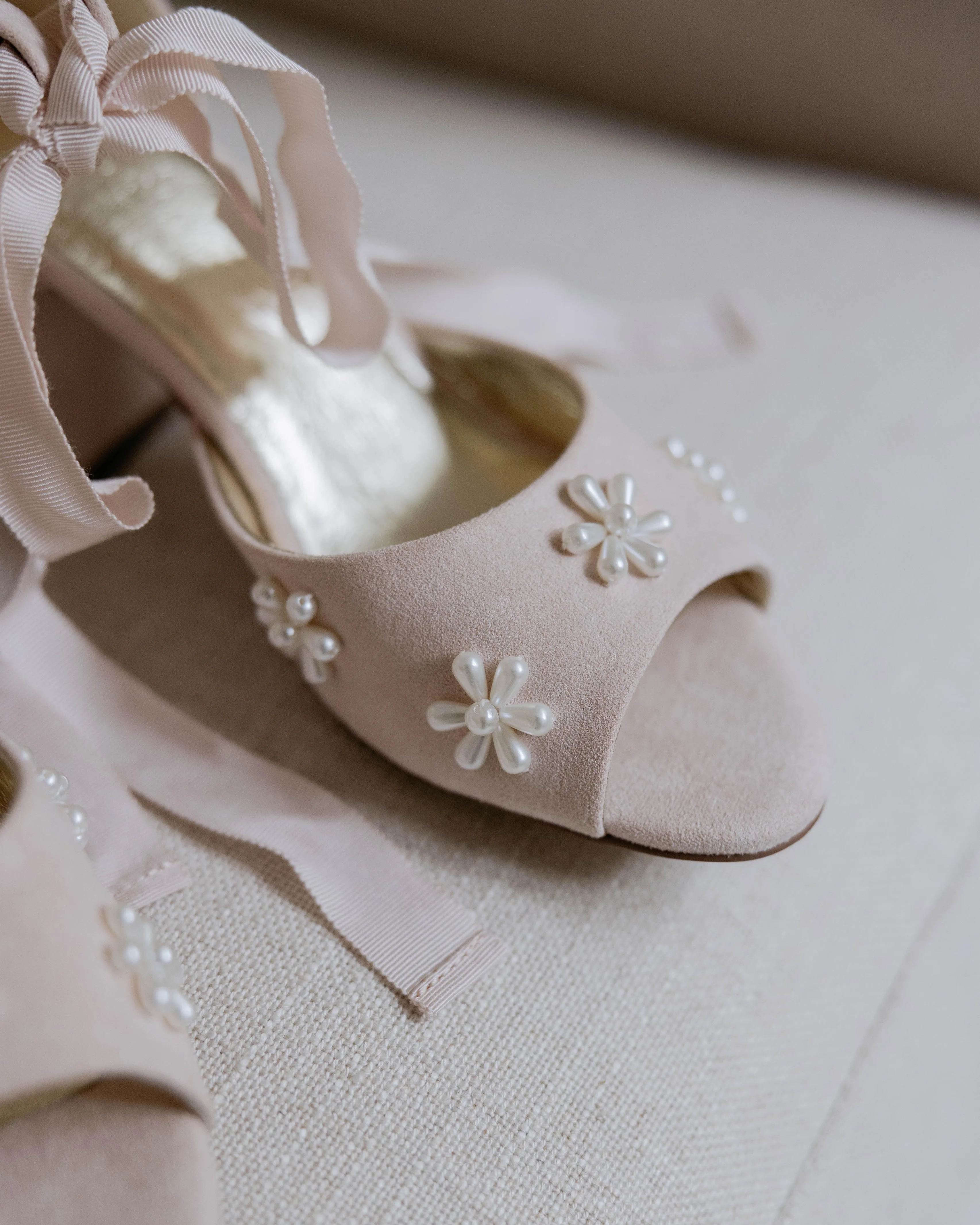 MELODY - PALE PINK FLOWER BRIDAL SHOES LOW BLOCK HEEL