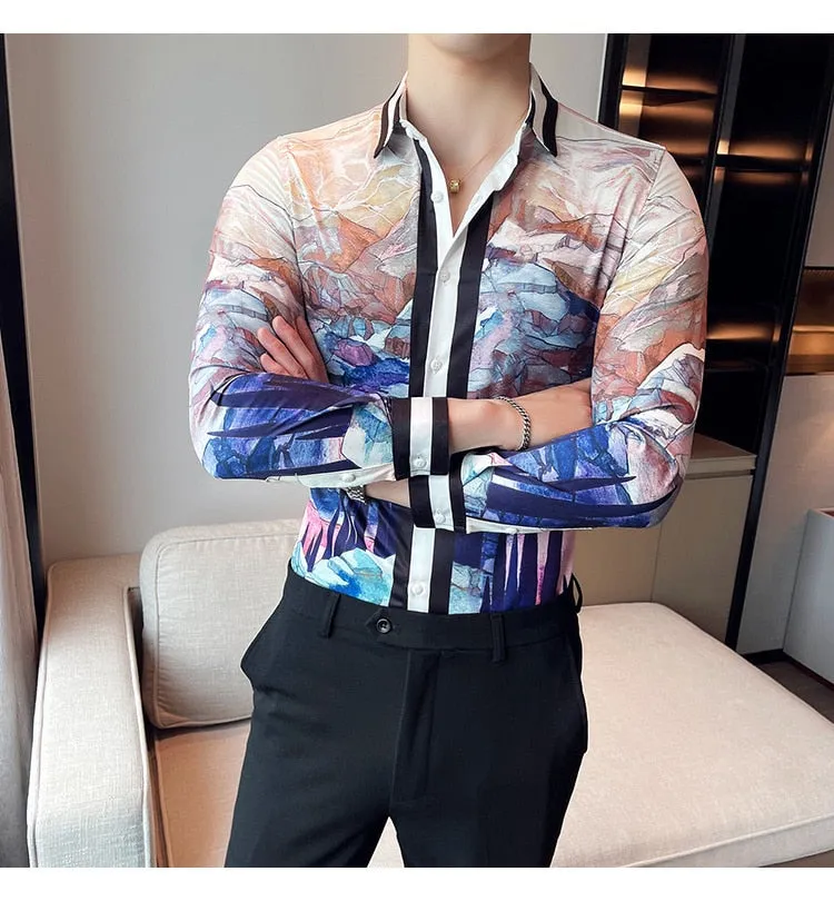 Men's Korean Fashion Autumn Luxury Printed Pattern Long Sleeve Shirt