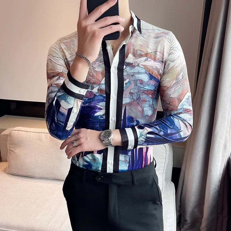 Men's Korean Fashion Autumn Luxury Printed Pattern Long Sleeve Shirt