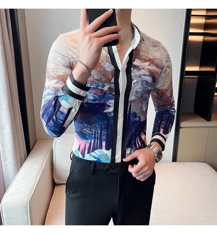 Men's Korean Fashion Autumn Luxury Printed Pattern Long Sleeve Shirt