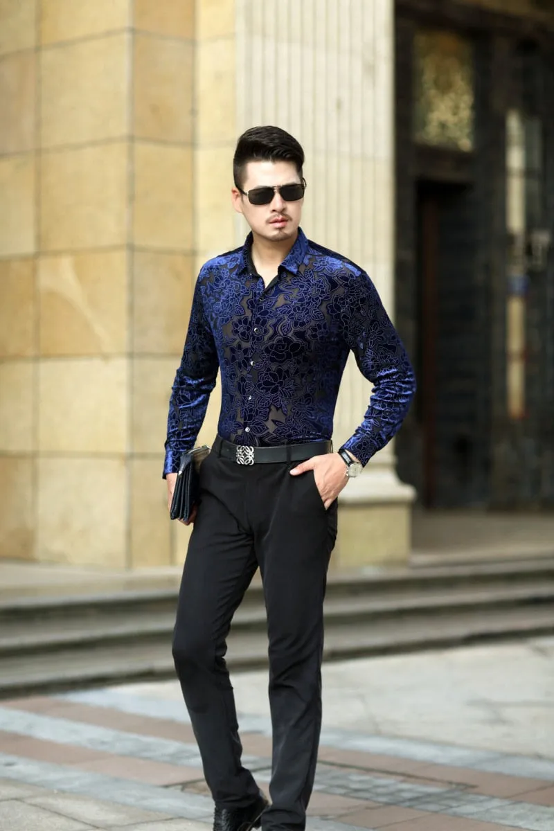 Men's Sexy Floral Printed Transparent See-Through Long Sleeve Shirt