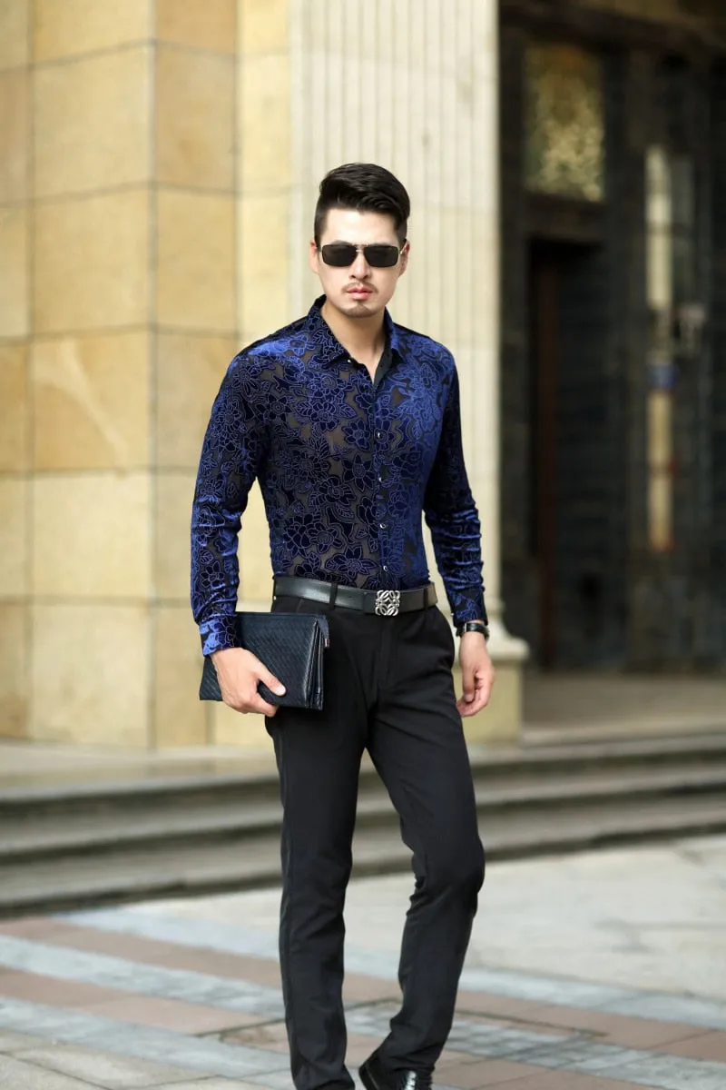 Men's Sexy Floral Printed Transparent See-Through Long Sleeve Shirt