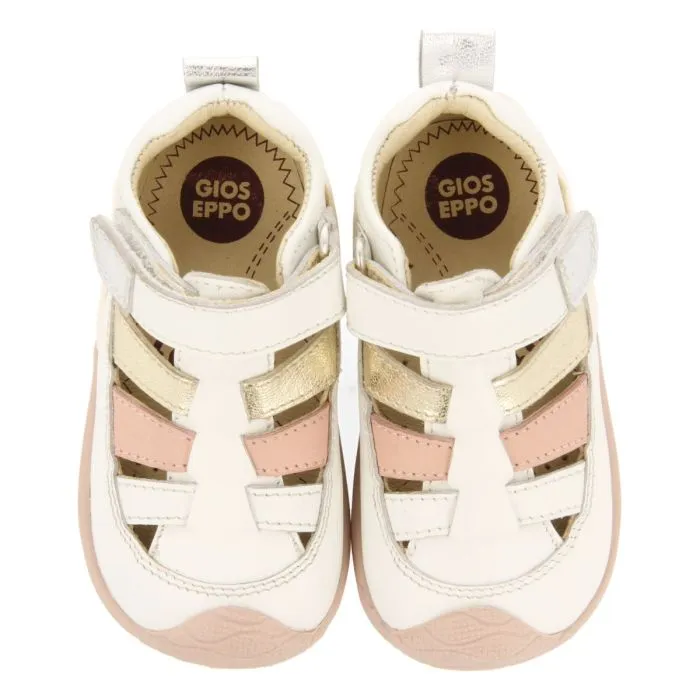 OFF-WHITE LEATHER BABY SANDALS IN CRAB STYLE WITH METALLIC DETAILS