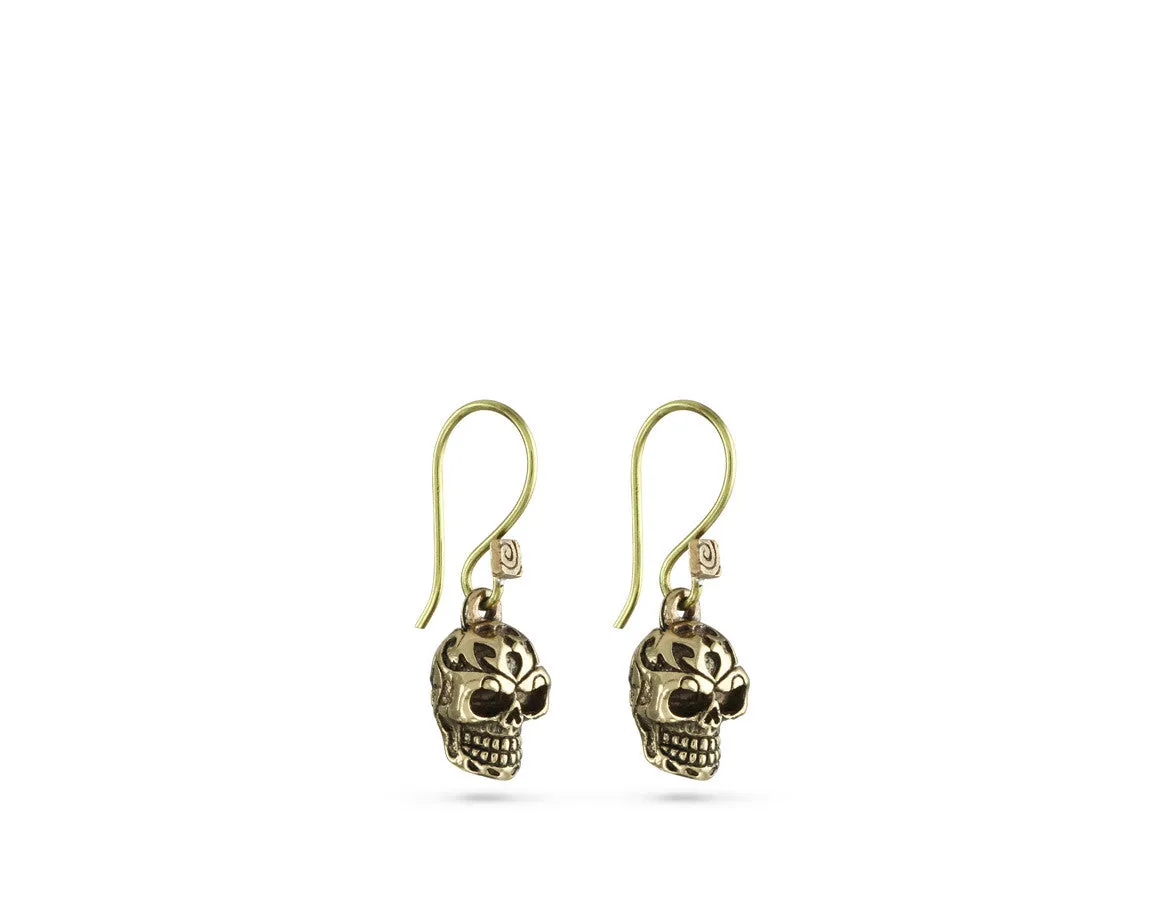 Ornate Skull Earrings - Bronze