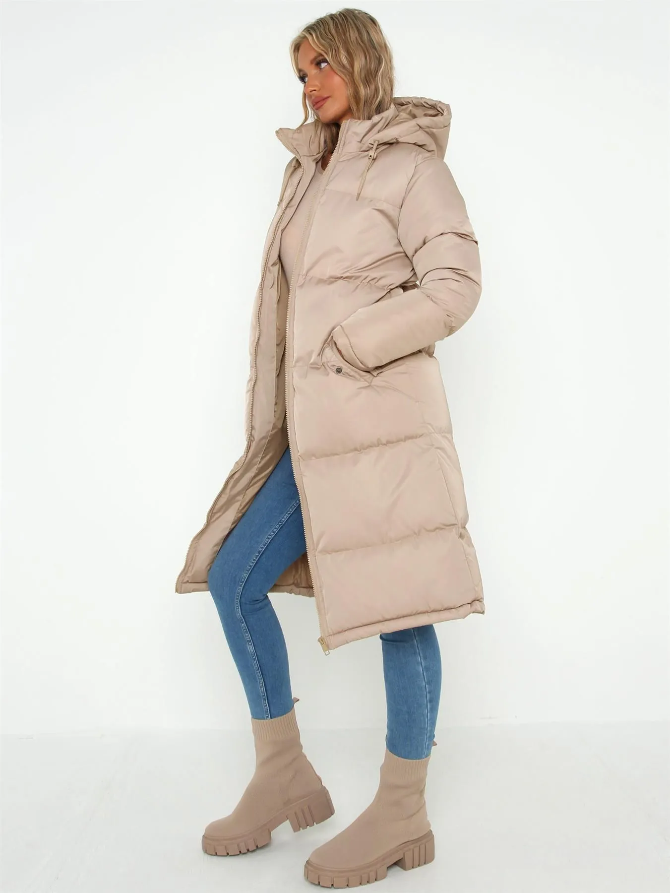 Padded Longline Puffer Coat, Stone, UK Sizes 8 to 16