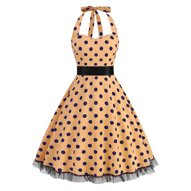 Patchwork Vintage Halter Flare Tea Dress Polka Dot Print Yellow Pink Black Blue Casual Runway 50s 60s Pinup Casual Holiday Dress