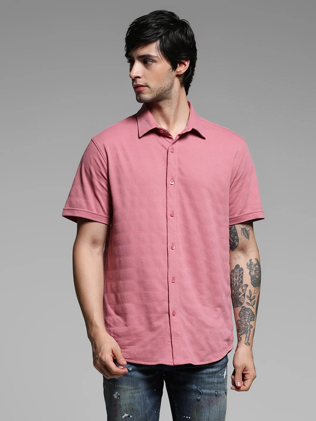 Pink Knitted Short Sleeves Shirt