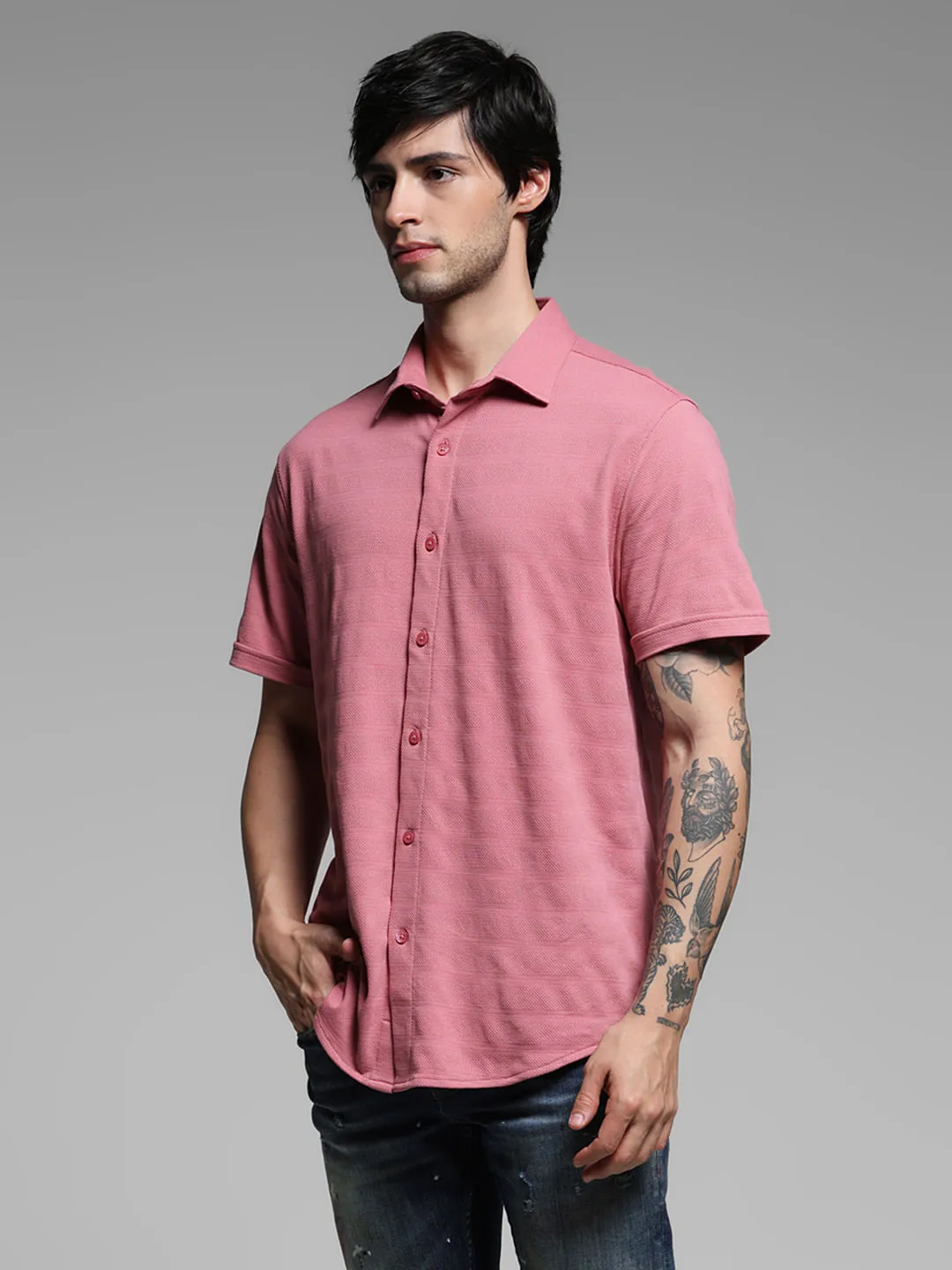 Pink Knitted Short Sleeves Shirt