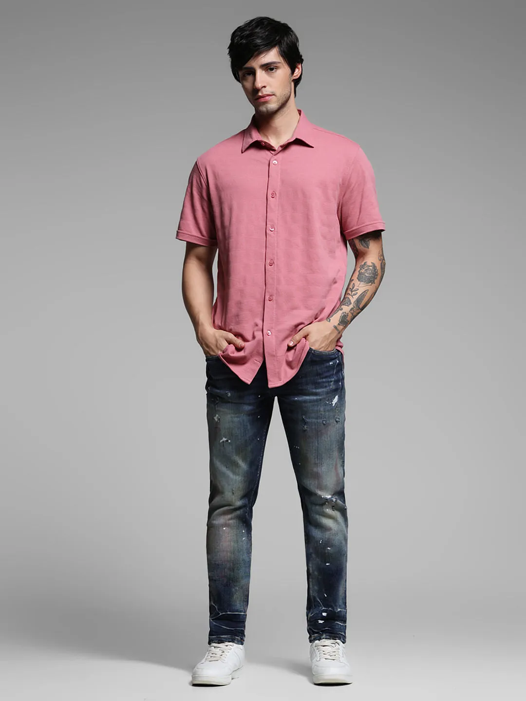 Pink Knitted Short Sleeves Shirt