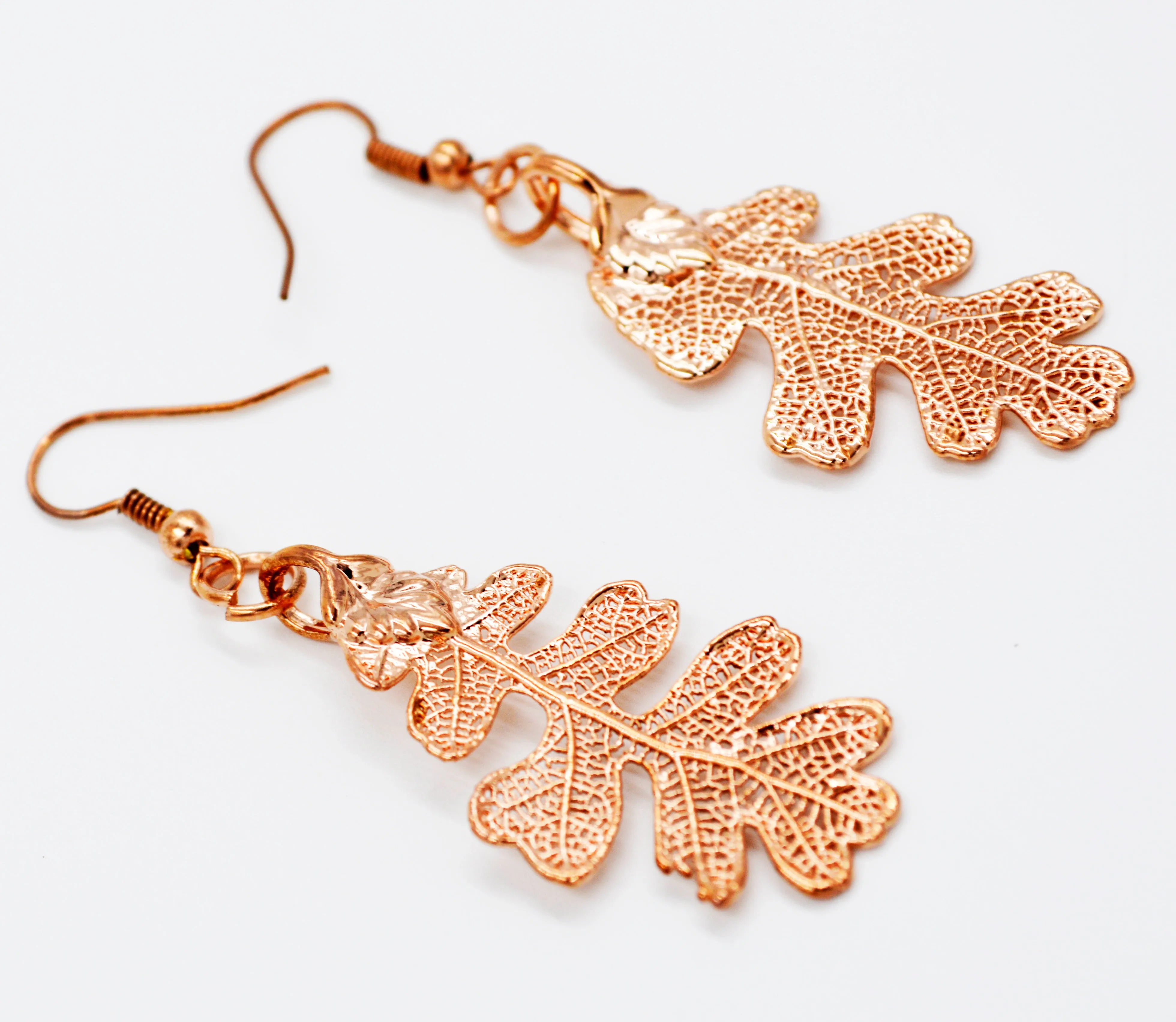 Real Leaf Hook Drop EARRINGS Lacey OAK in Rose Gold Genuine Leaf