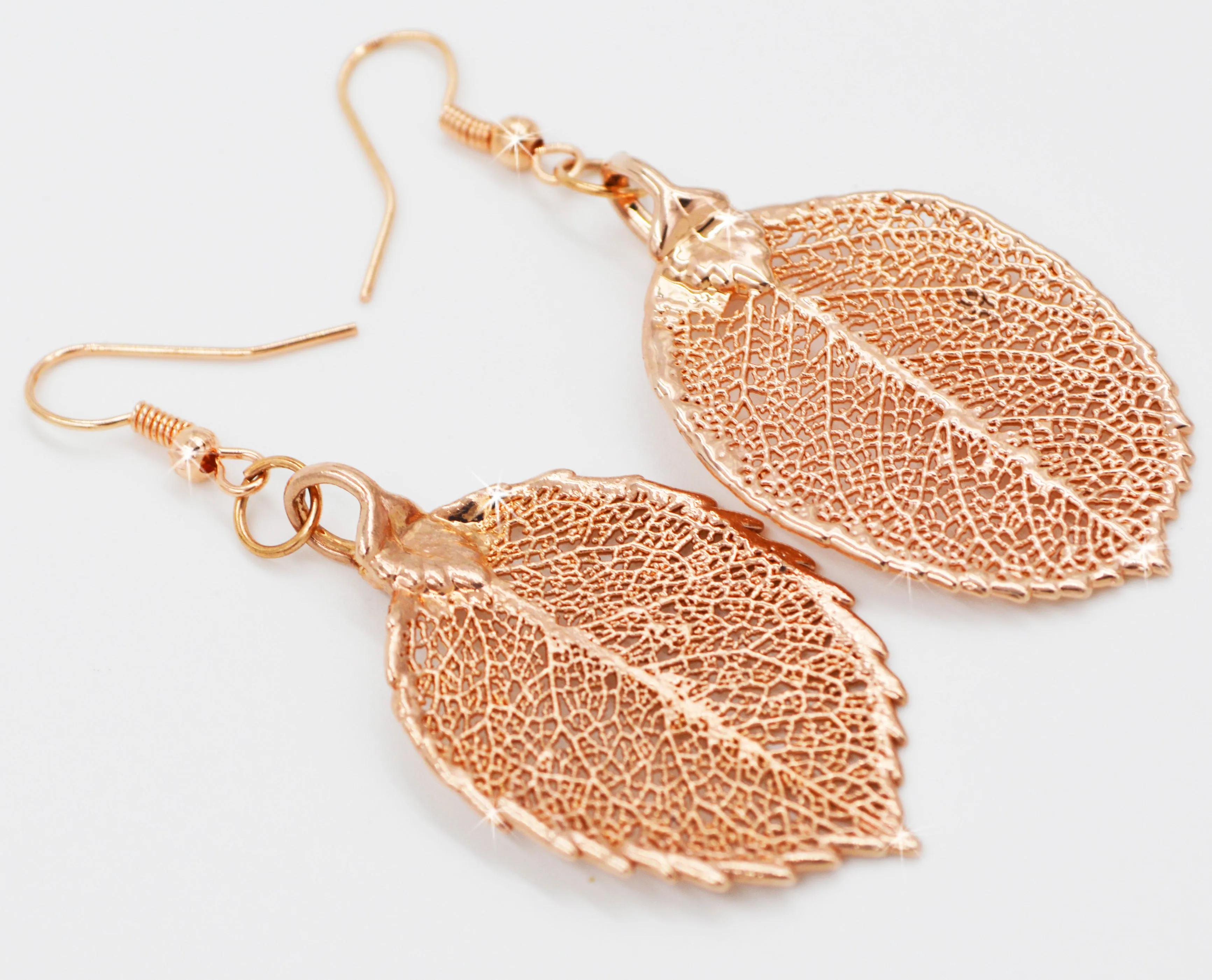 Real Leaf Hook Drop EARRINGS ROSE Genuine LEAF in Rose Gold