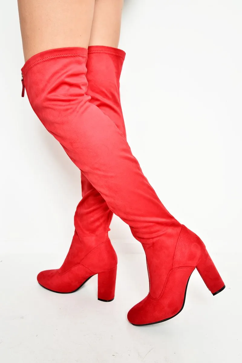 Red Faux Suede Zip Front Over The Knee Boots - Vienna