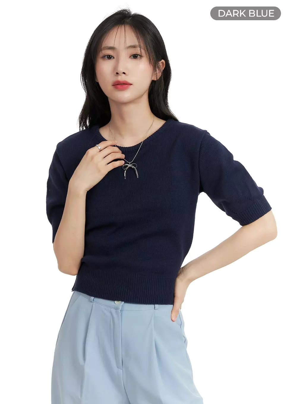 Round Neck Knitted Short Sleeve Top OM412