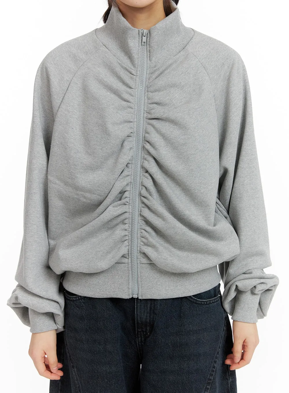 Shirred High Collar Sweat Zip-Up CF422