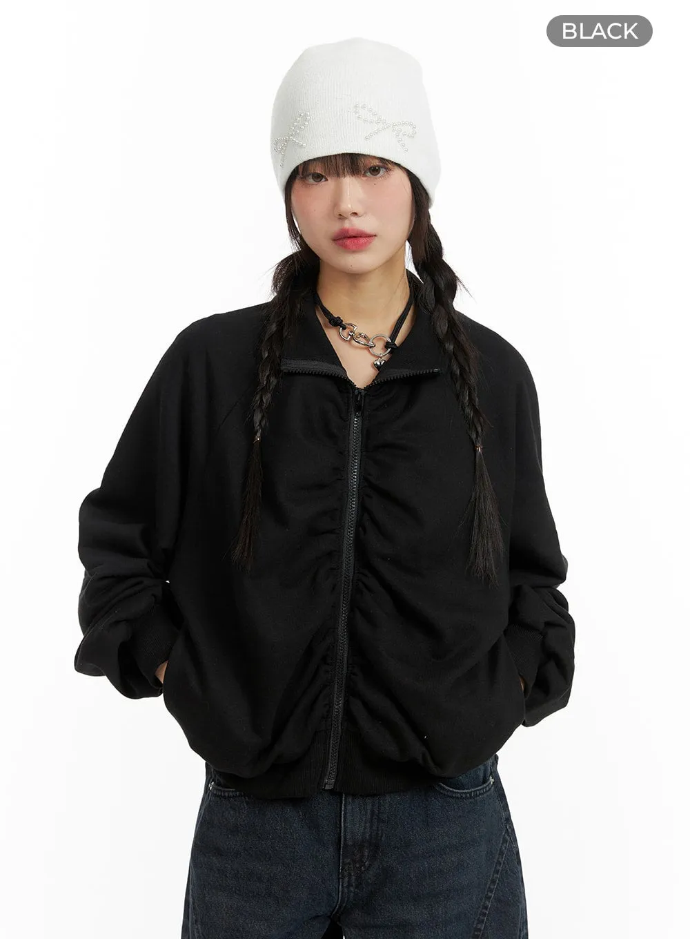 Shirred High Collar Sweat Zip-Up CF422