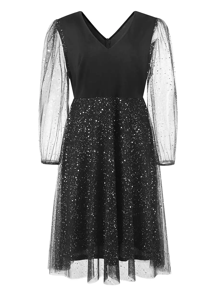 Stylish Plus Size Long Sleeve Polka Dot Mesh Holiday Dress for Women