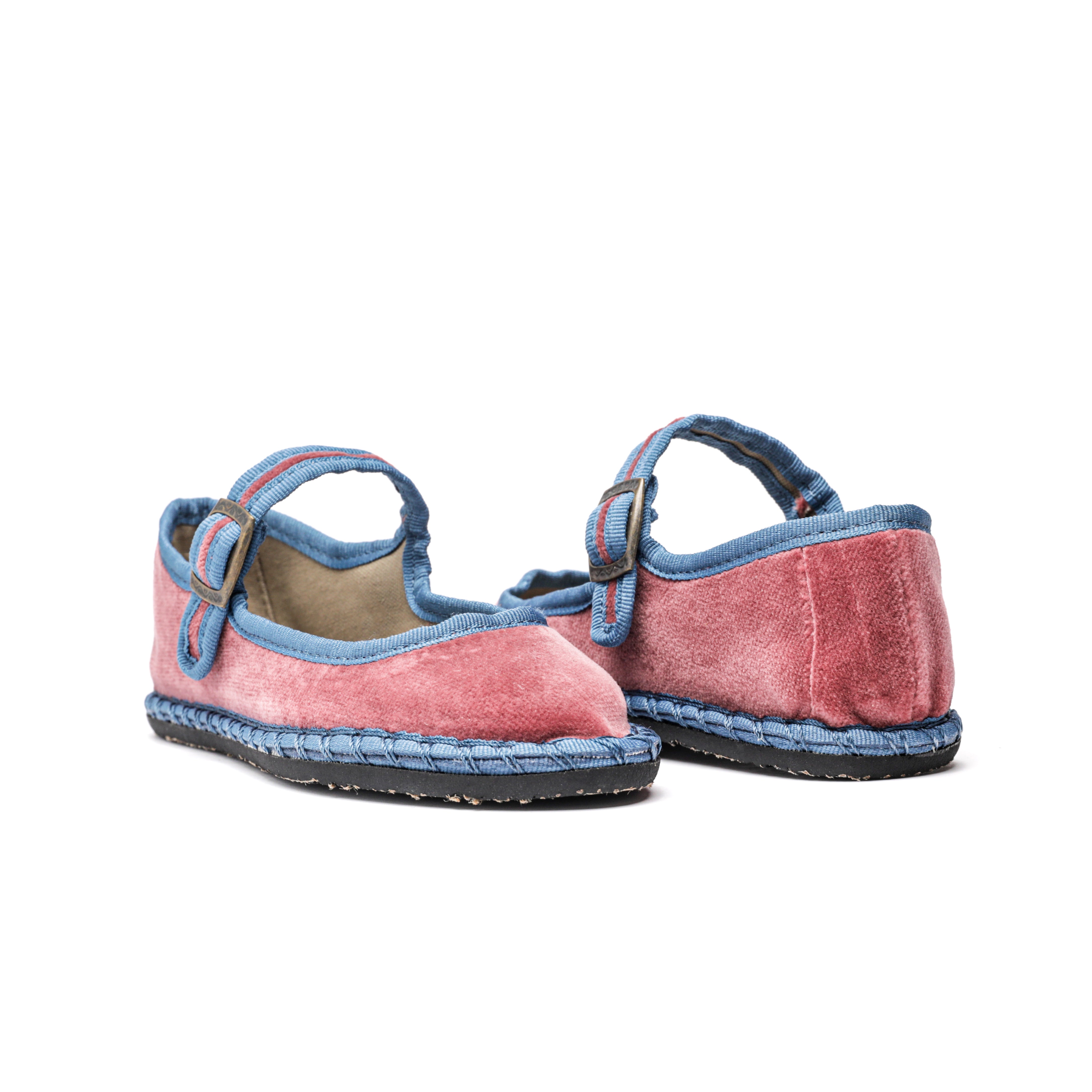 Velvet Contrast Mary Janes in Rose and Blue