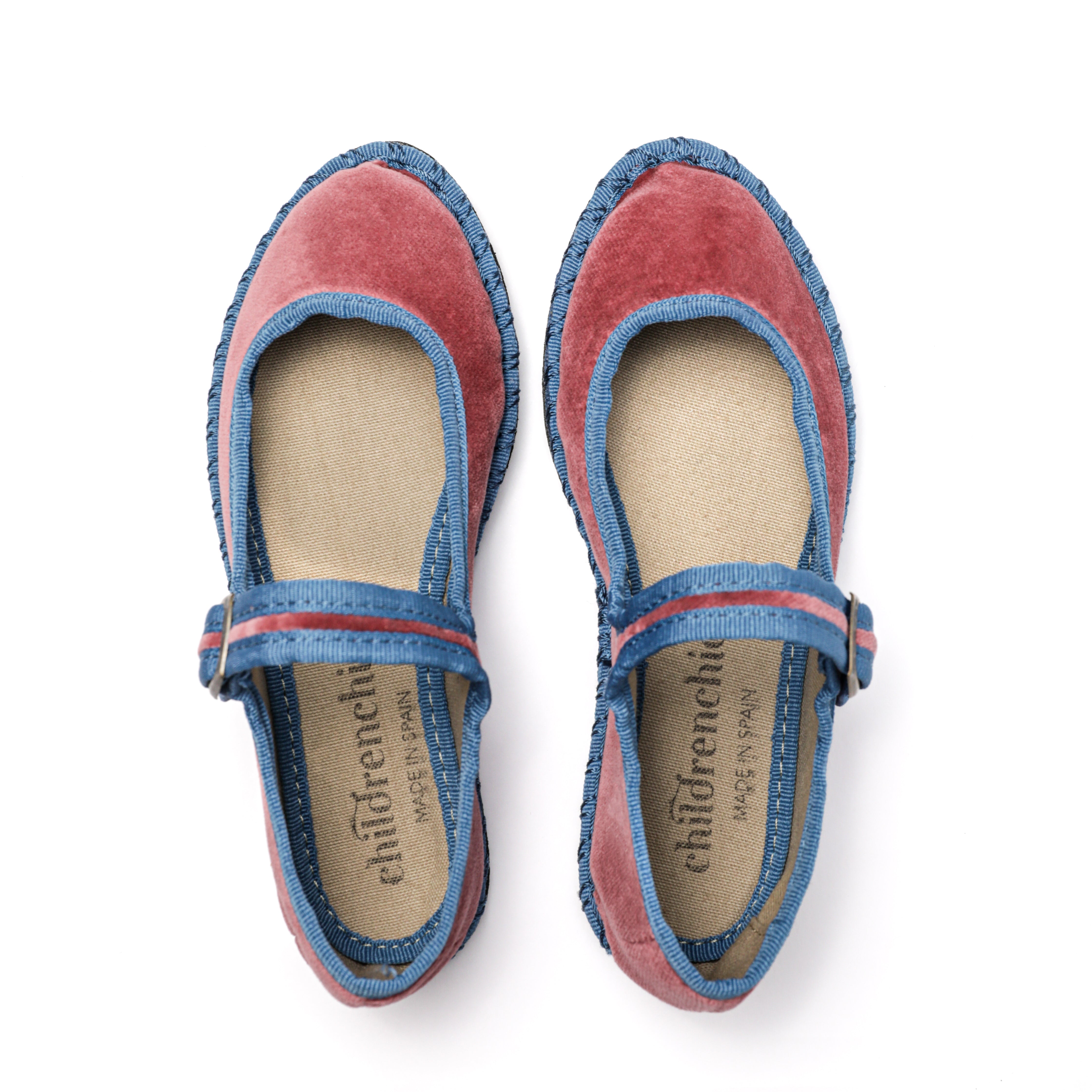 Velvet Contrast Mary Janes in Rose and Blue